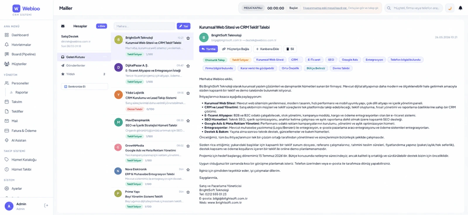 Mail Yönetimi CRM ekran görüntüsü - Webioo